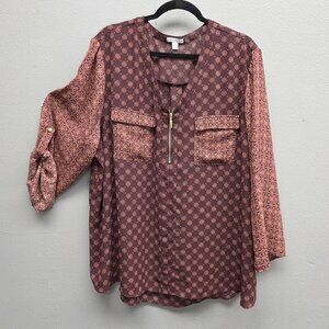 Cato Shirt Womens 26/28W Brown Burgundy Mixed Print Zip Front Roll Tab Plus Size